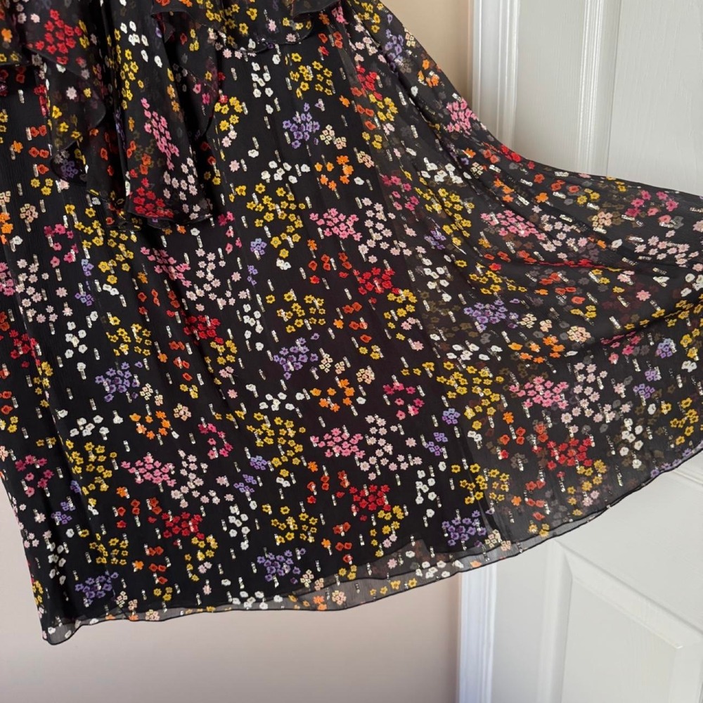 See by Chloé 100% Silk Chiffon Black Multicolor Floral Dress Red Yellow Designer - Picture 4 of 8